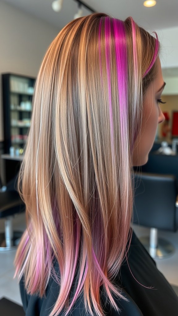 Light brown hair with vivid violet highlights