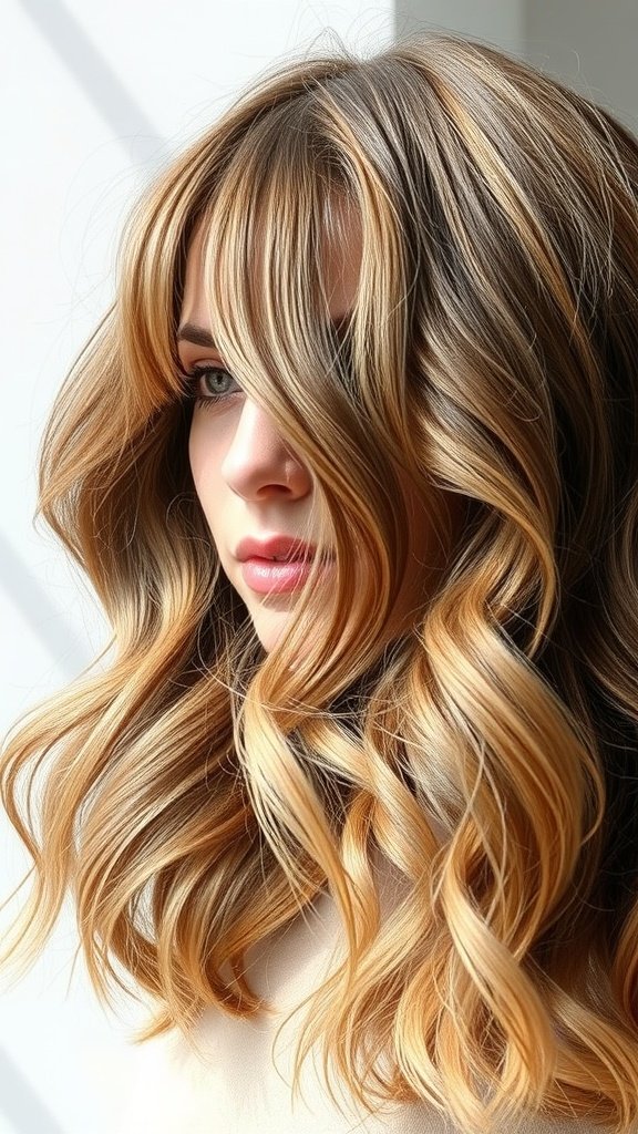 Wavy mid-length hairstyle with curtain bangs, showcasing volume and texture.