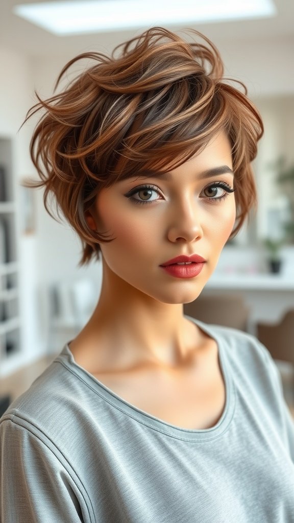A woman with a wavy tapered pixie cut, showcasing a stylish and modern hairstyle.