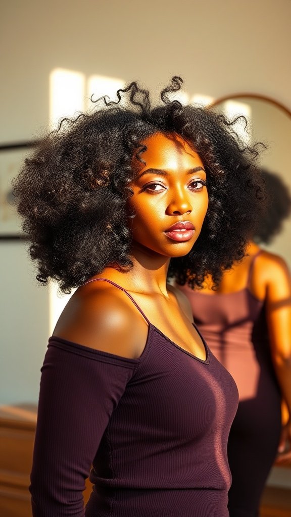 A woman with shoulder-length afro-textured curls, wearing a purple top, looking confidently at the camera.