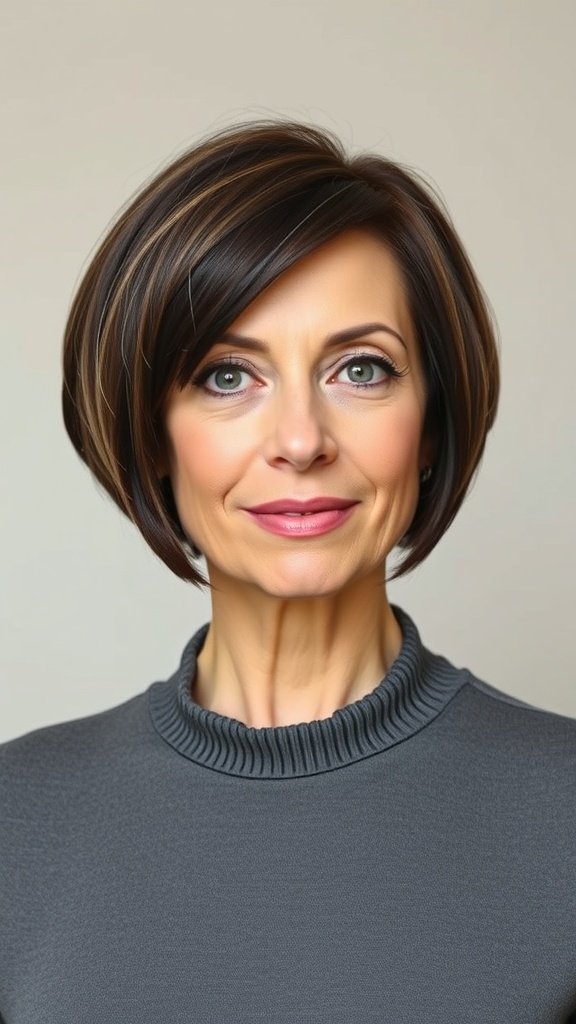 A woman over 50 with an angular bob hairstyle featuring sharp edges and subtle highlights.