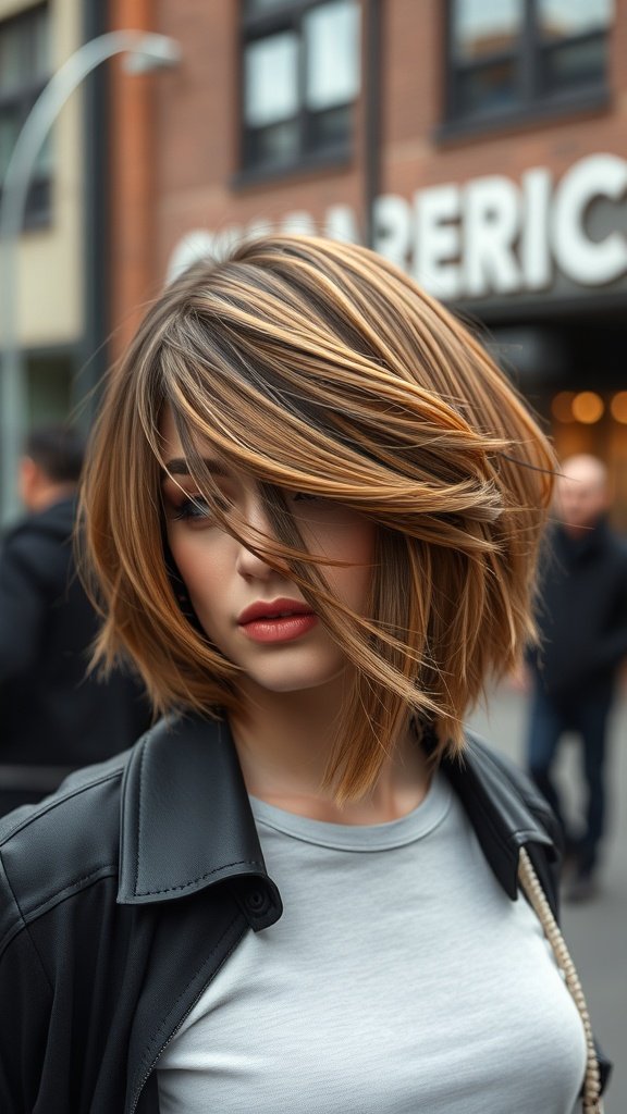 A woman with an asymmetrical bob hairstyle featuring choppy graduated layers, styled casually outdoors.