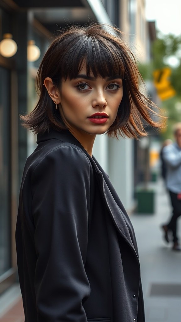 A woman with blunt fringe bangs and a horizontally layered shag haircut, posing confidently outdoors.