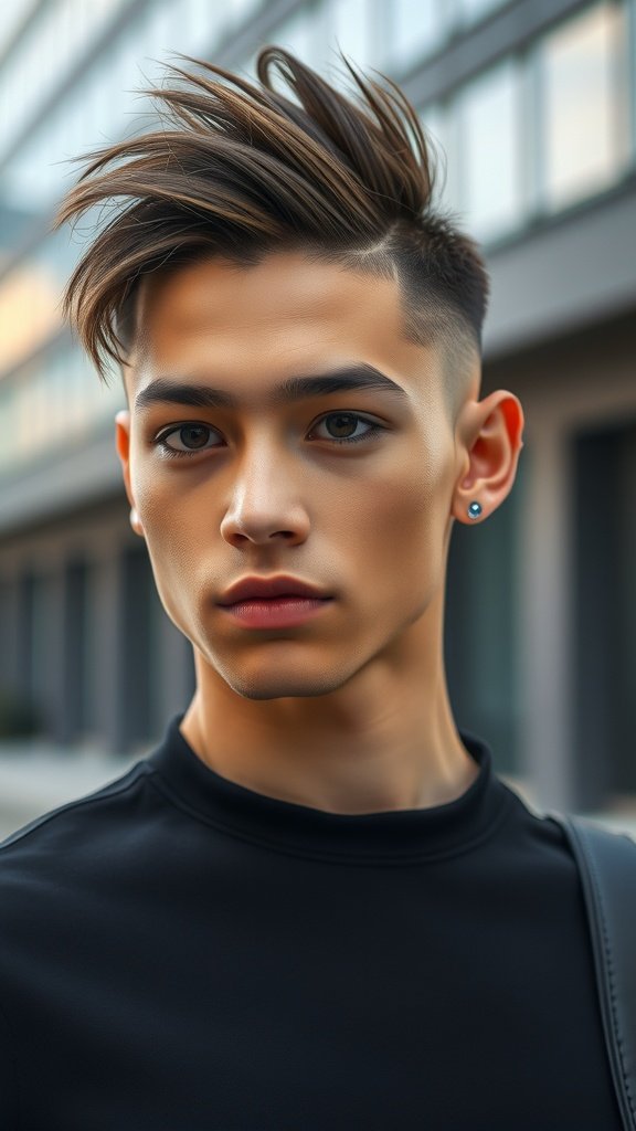 A young man with a bold buzz cut and wispy fringe, showcasing a modern hairstyle.