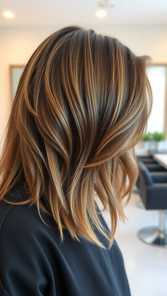 Mid-length hair with cascading layers and highlights