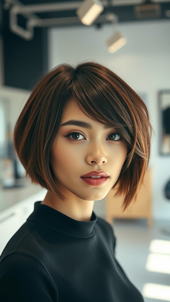 A woman with a cheekbone-enhancing angular layered bob haircut, showcasing modern style and elegance.