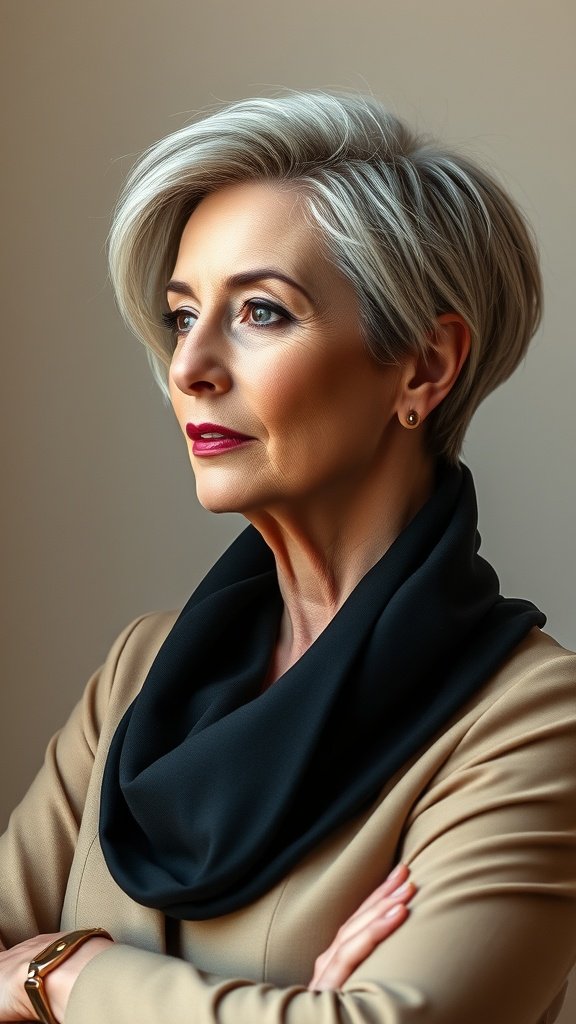 A woman with a chic long pixie hairstyle and side-swept bangs, showcasing elegance and style.