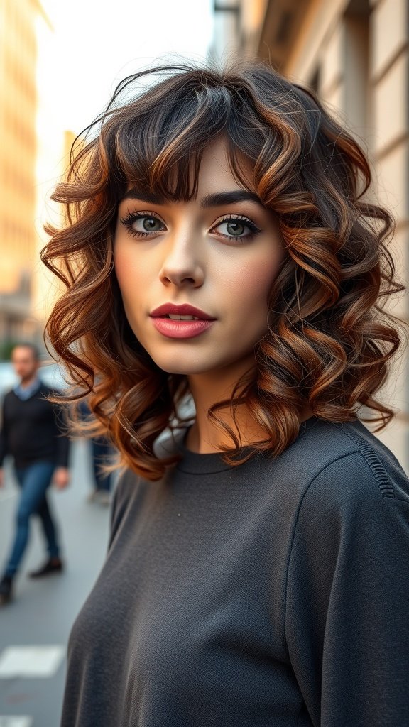 A young woman with a choppy curly bob hairstyle and bangs, smiling in an urban setting.