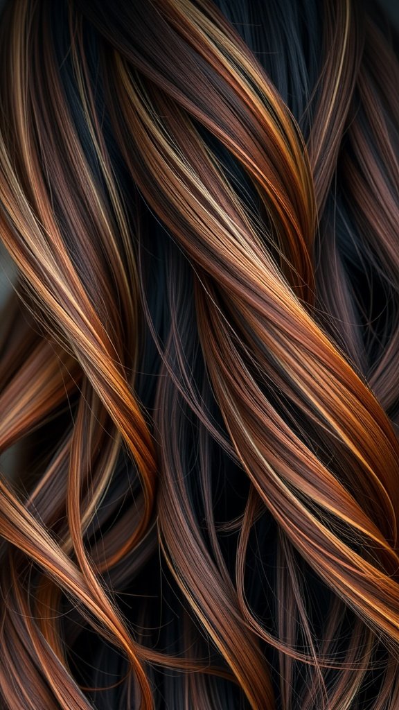 Close-up of hair with cinnamon highlights, showcasing warm tones and flowing curls.
