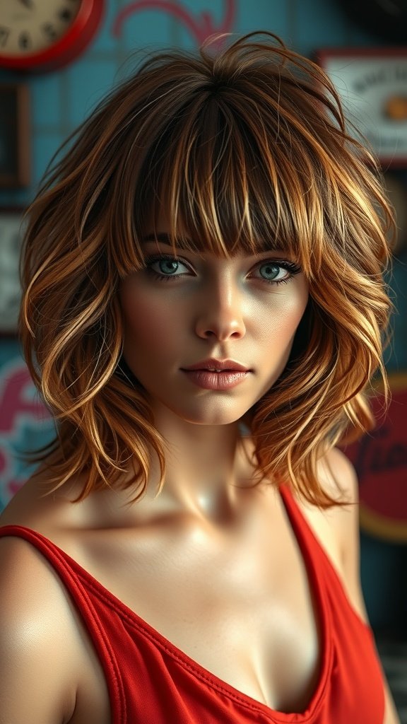 A woman with a voluminous shag haircut, showcasing warm tones and soft waves, exuding a classic rock-inspired vibe.