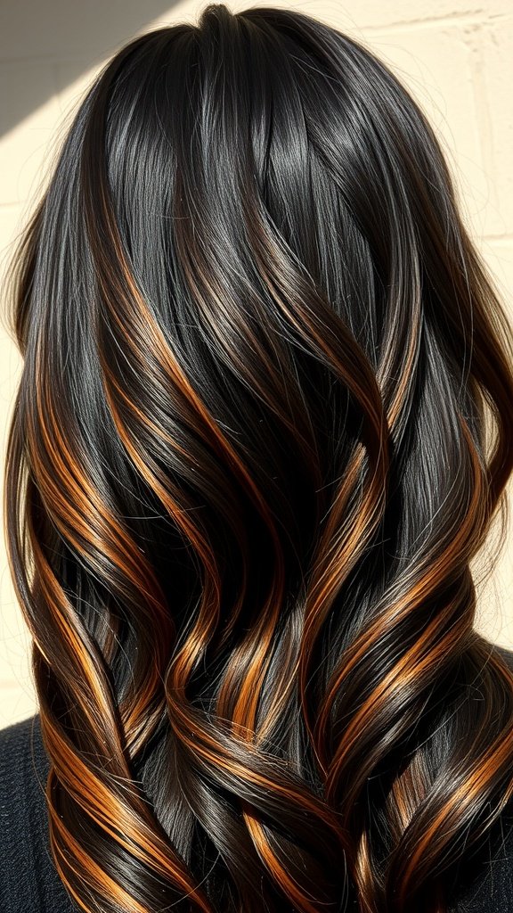 A close-up view of hair with copper highlights on jet black hair, showcasing wavy curls and a vibrant color contrast.