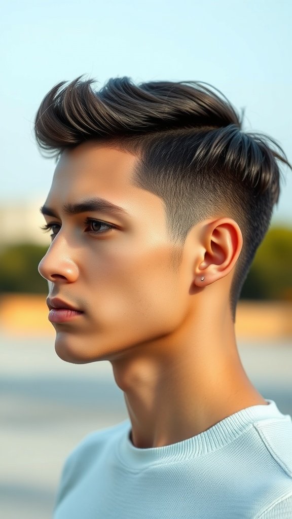A young man with a dark brown buzz cut, showcasing a clean and stylish look.