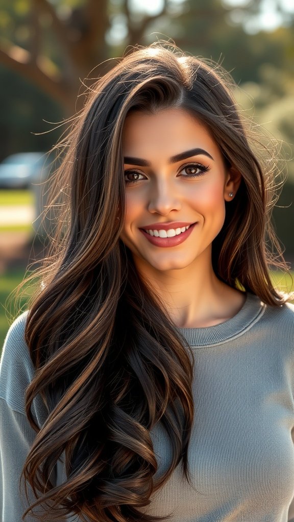 A woman with dark brown hair featuring sable highlights, smiling warmly.