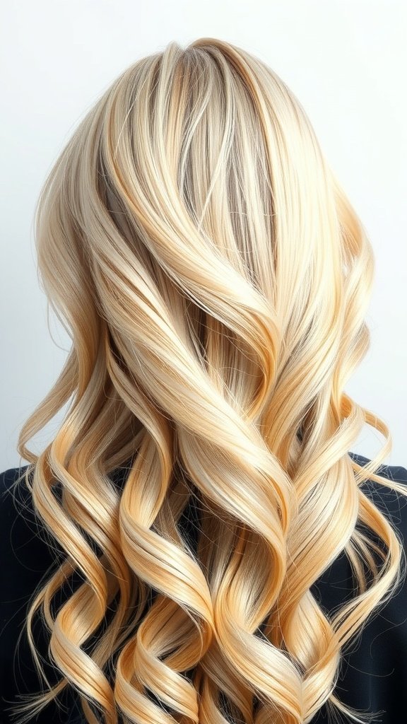 A close-up view of long, wavy hair in a Diamond Dust Blonde color, showcasing a blend of soft blonde and silver tones.