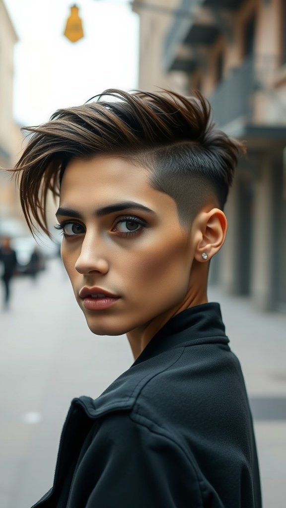 A person with an edgy chocolate brown undercut hairstyle, featuring longer hair on top and shaved sides, set against an urban backdrop.