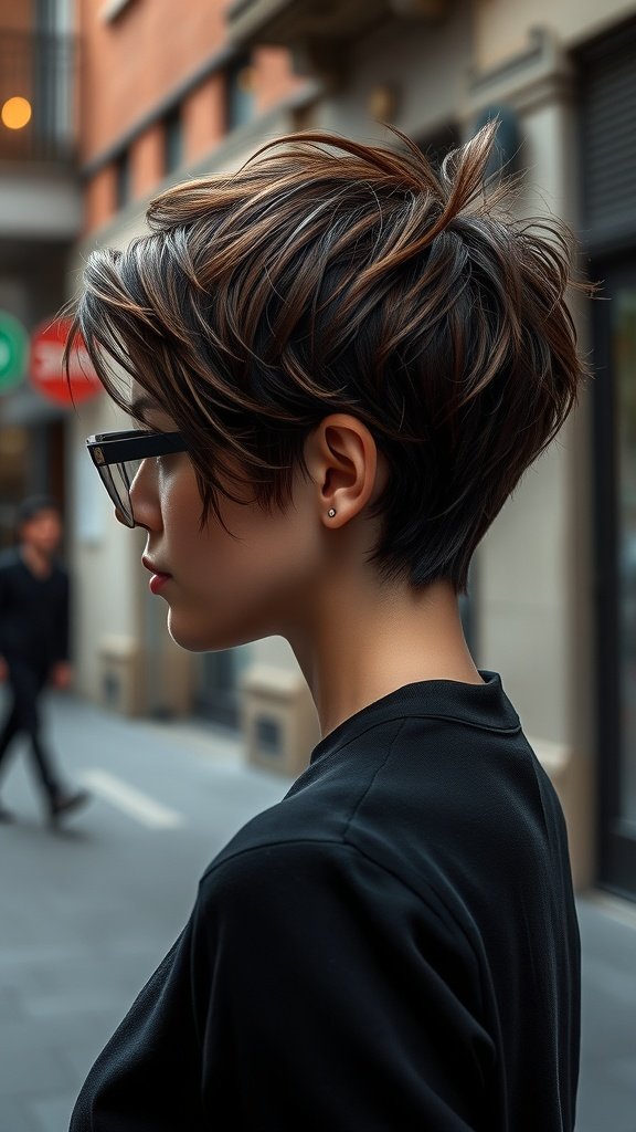 A stylish espresso bixie haircut with walnut accents, showcasing a modern and chic look.