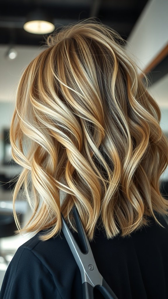 A stylish golden lob haircut with messy waves, showcasing a relaxed and chic look.