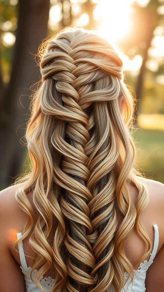 A woman with blonde hair styled in a half-up boho braid with dark roots, illuminated by sunlight.