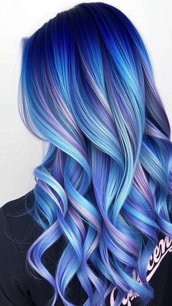 Hair styled in an indigo to sky blue fade with soft waves