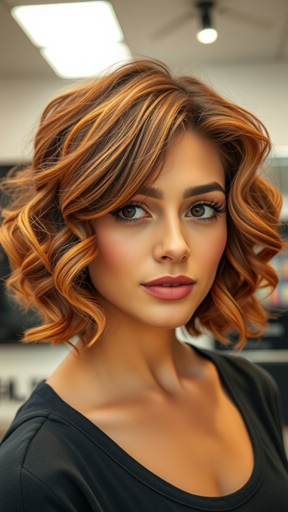 A woman with a layered curly bob hairstyle featuring face-framing highlights, showcasing vibrant curls and a stylish look.