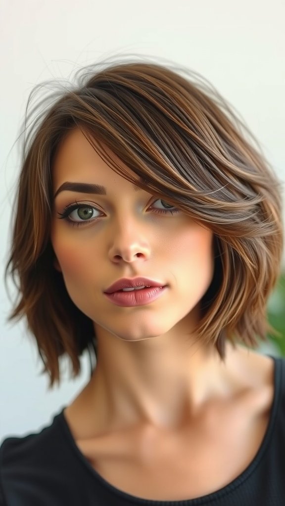 A woman with a lob hairstyle featuring feathered face-framing layers, showcasing a chic and voluminous look.