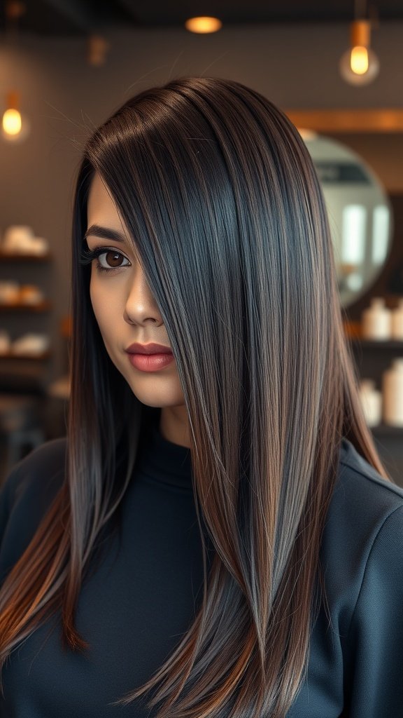 Long straight hairstyle with a deep side part, showcasing sleek hair and a polished look.