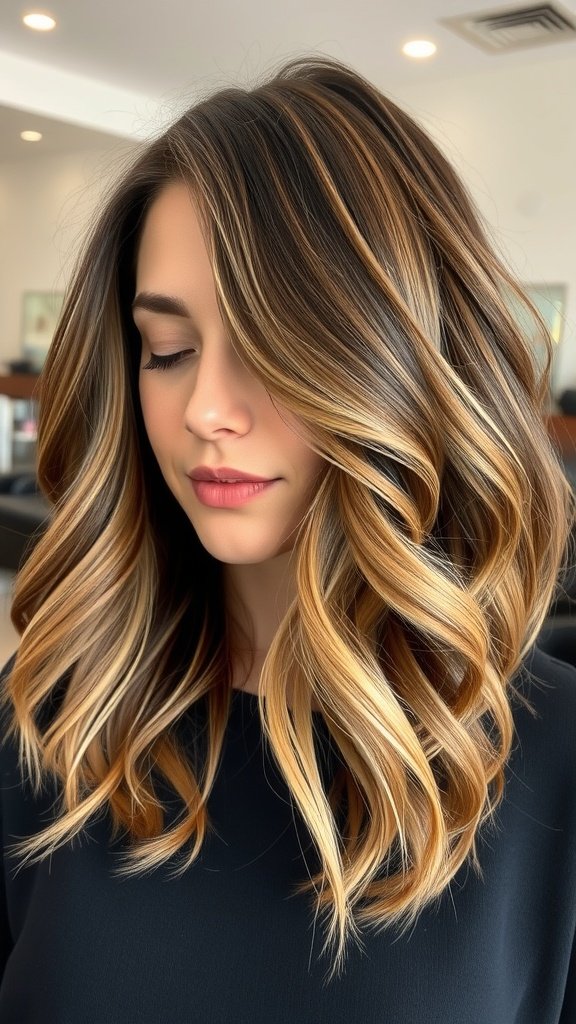 A woman with mid-length hair styled in soft waves and face-framing layers, showcasing highlights.