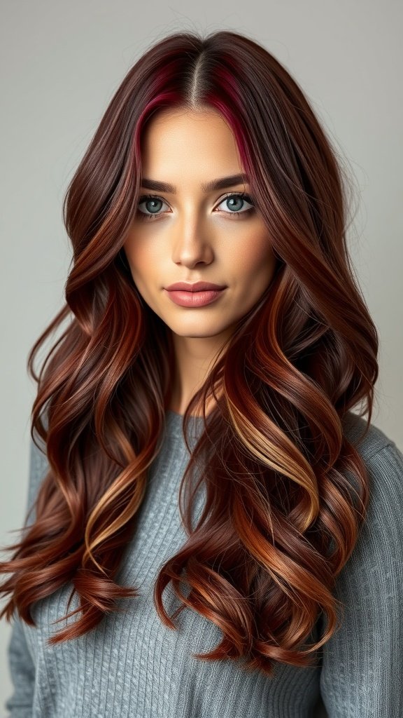 A woman with long, wavy hair colored in oxblood with icy ends, wearing a gray sweater.