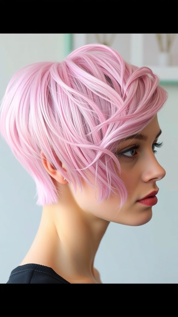 A pastel pink pixie haircut with side-swept bangs, showcasing soft layers and a youthful vibe.