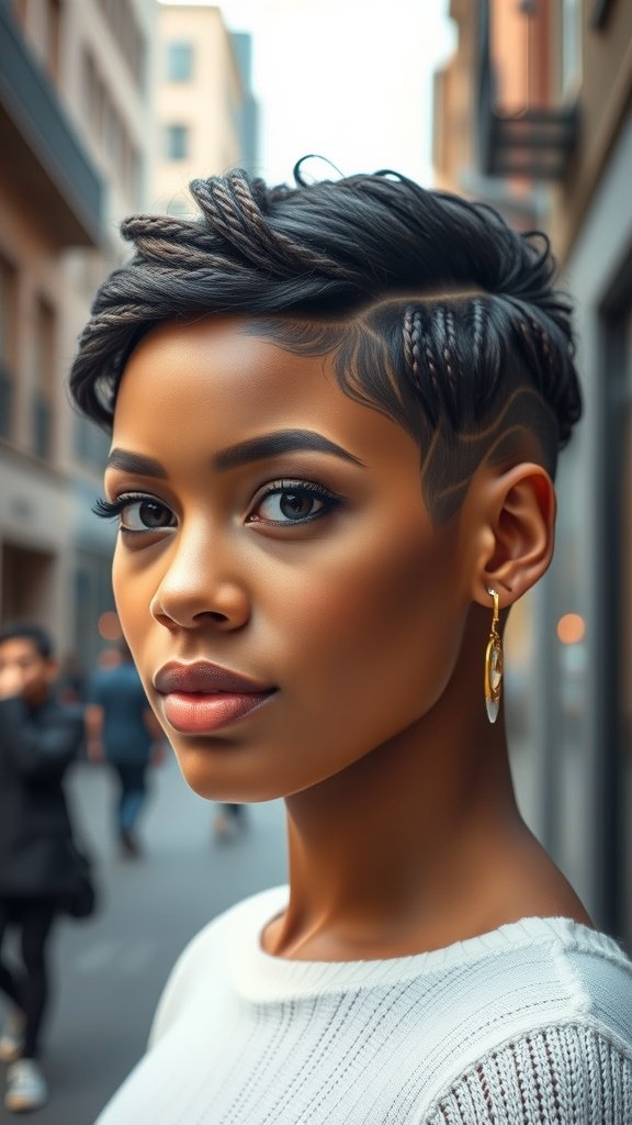 A woman with a pixie cut featuring micro-braids, showcasing a stylish and modern look.