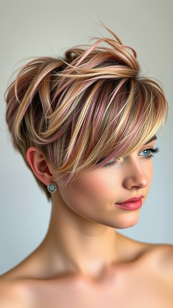A woman with a pixie haircut featuring chunky highlights and layers, showcasing a playful and textured look.