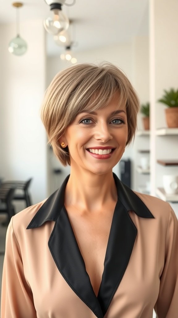 A woman with a pixie cut and sweeping bangs, smiling in a modern setting.