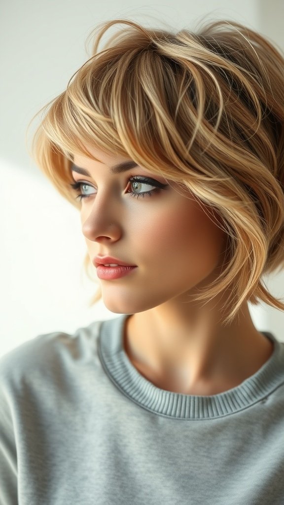 A woman with a relaxed shag hairstyle featuring effortless waves, showcasing a modern and chic look.
