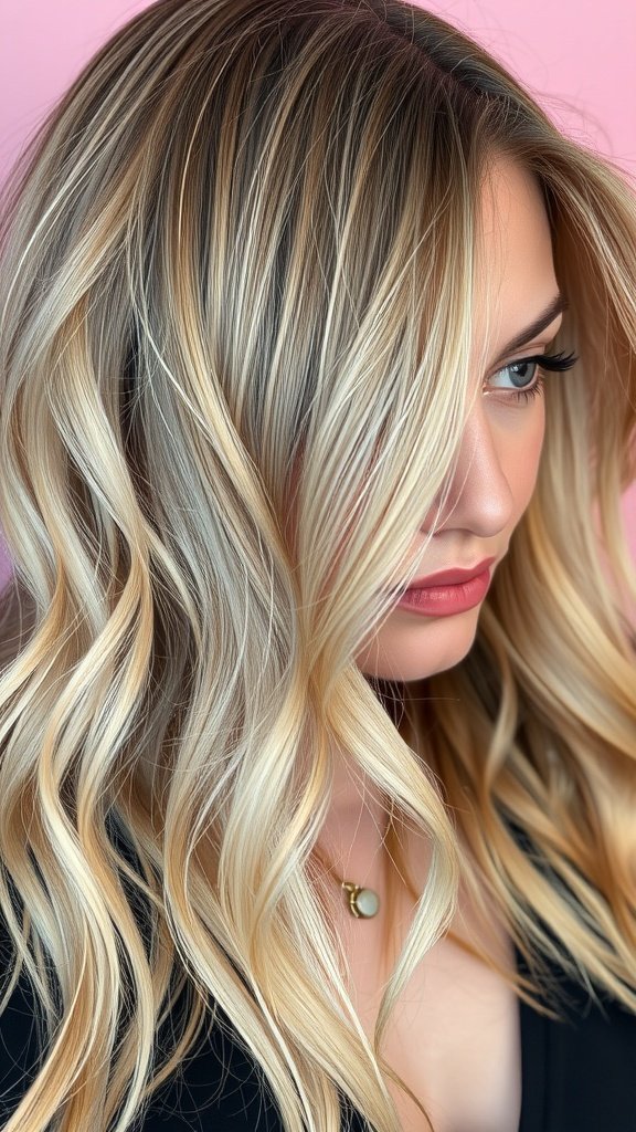 A woman with sandy ash blonde hair styled in soft waves, showcasing cool undertones against a pink background.