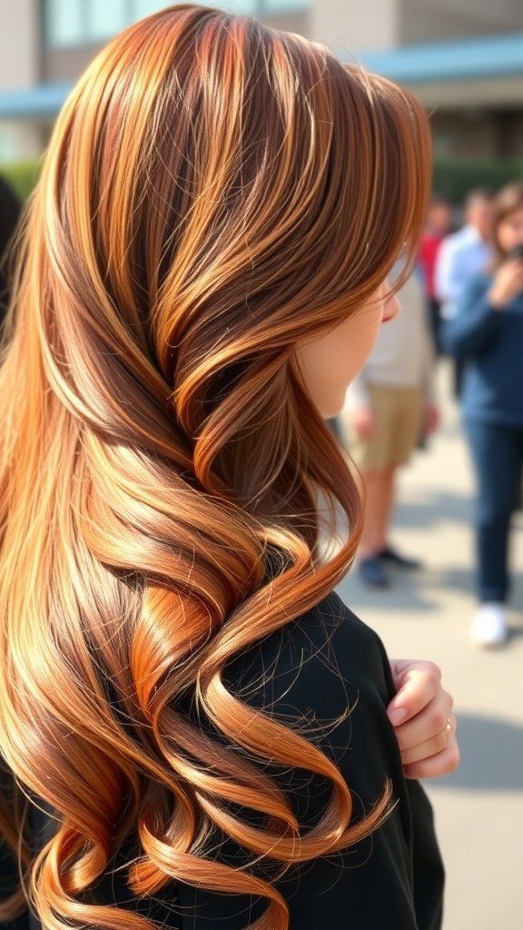 A woman with long, wavy auburn hair featuring scarlet streaks, showcasing a vibrant hairstyle.