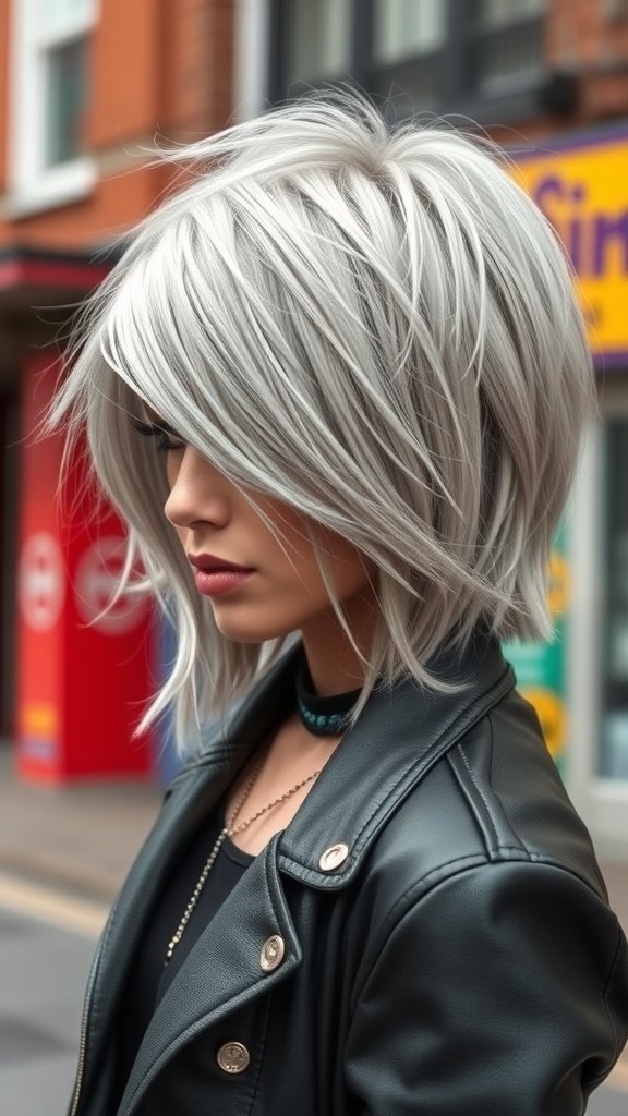 A stylish shag haircut with silver ombre, featuring layered hair and a leather jacket.