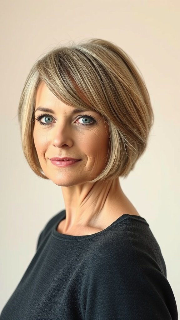 A woman with a short bob hairstyle featuring chin-length layers, smiling softly.