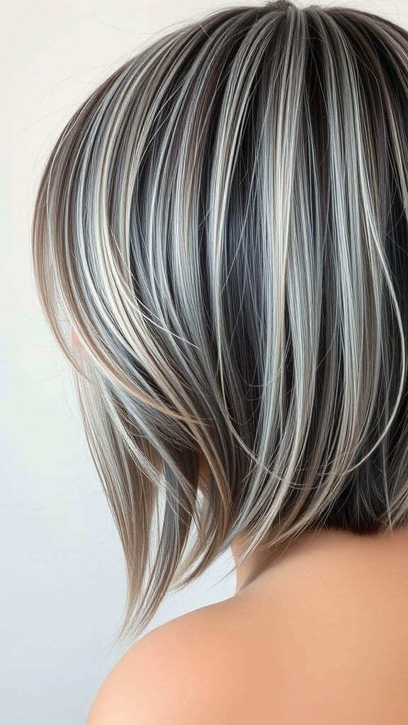 A stylish bob haircut featuring slate gray hair with bright snow accents.