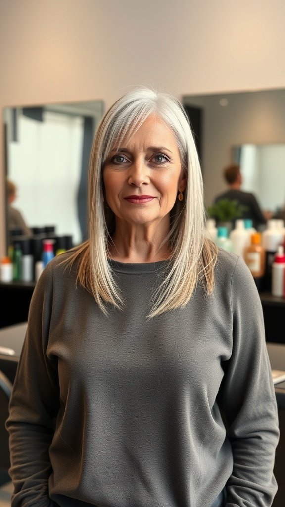 A woman with sleek straight hair and layered ends, showcasing a modern hairstyle.