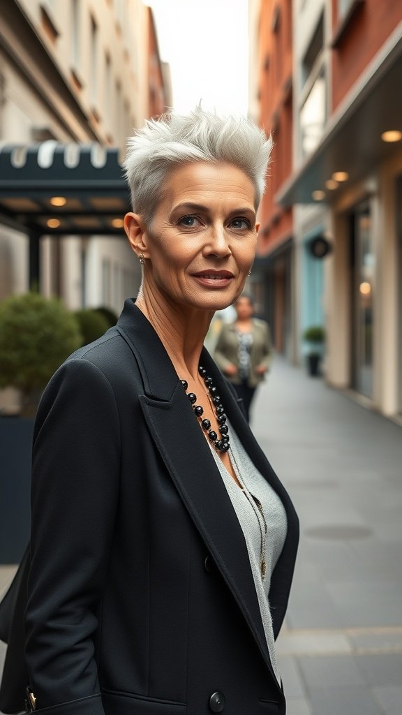A stylish woman with a spiky pixie hairstyle and undercut, wearing a blazer, standing in a city street.