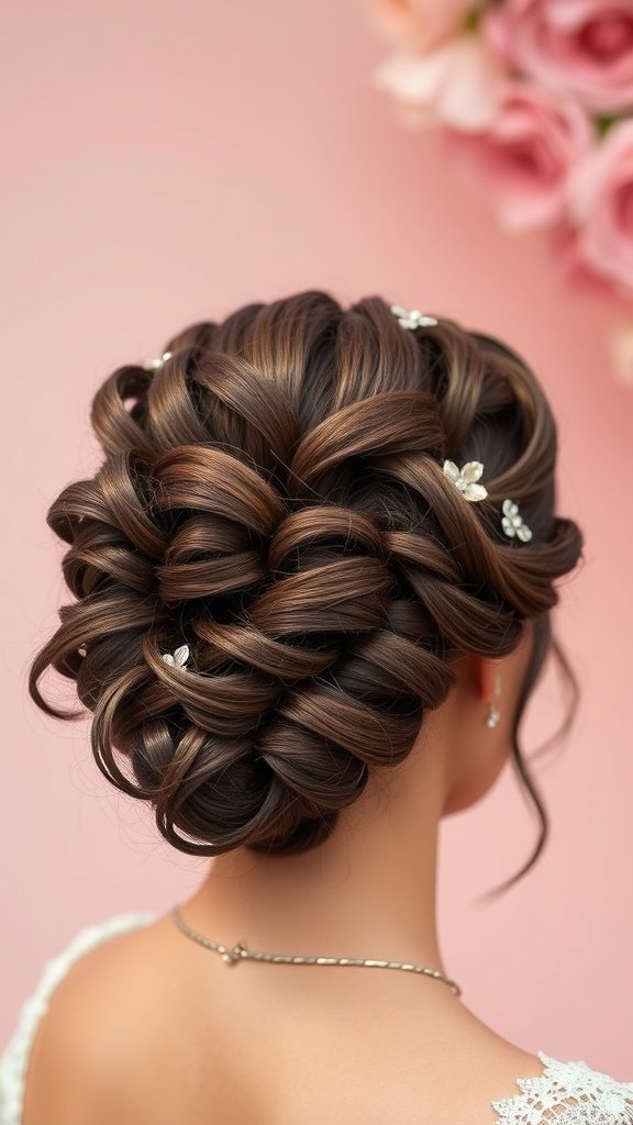 A beautiful hairstyle featuring spiral curls pinned up with delicate hair accessories.