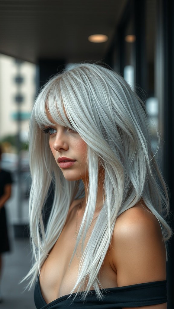 A woman with long, layered hair featuring a blend of silver and platinum tones, styled elegantly.