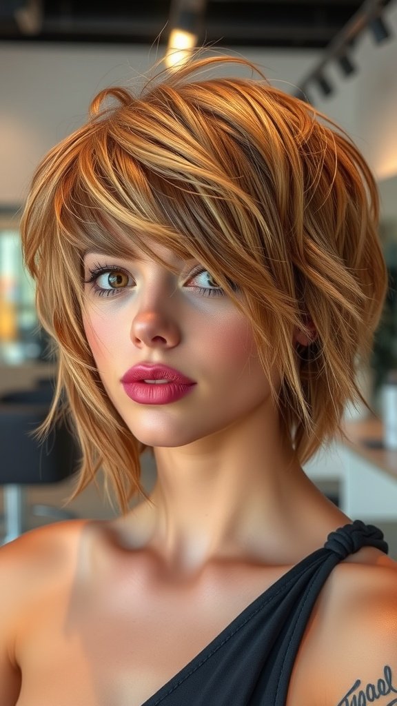 A woman with tousled short shag hair, featuring lots of layers and warm tones.
