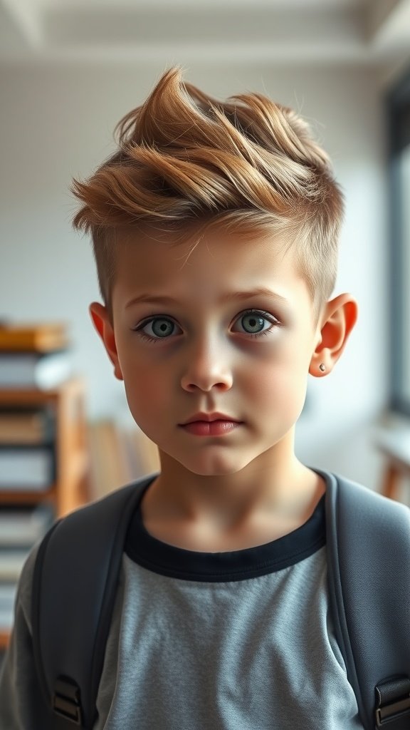 A young boy with a tousled top haircut and skin fade, looking stylish and ready for school.