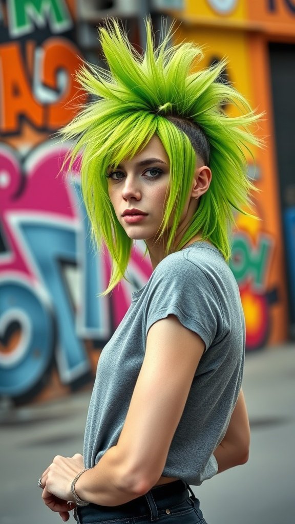 A person with a vibrant green shaggy mullet hairstyle, wearing a gray top against a colorful graffiti background.