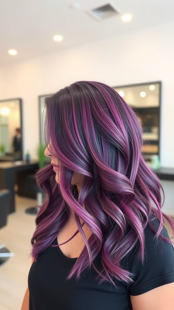 Shoulder-length hair with vibrant purple highlights styled in soft waves.
