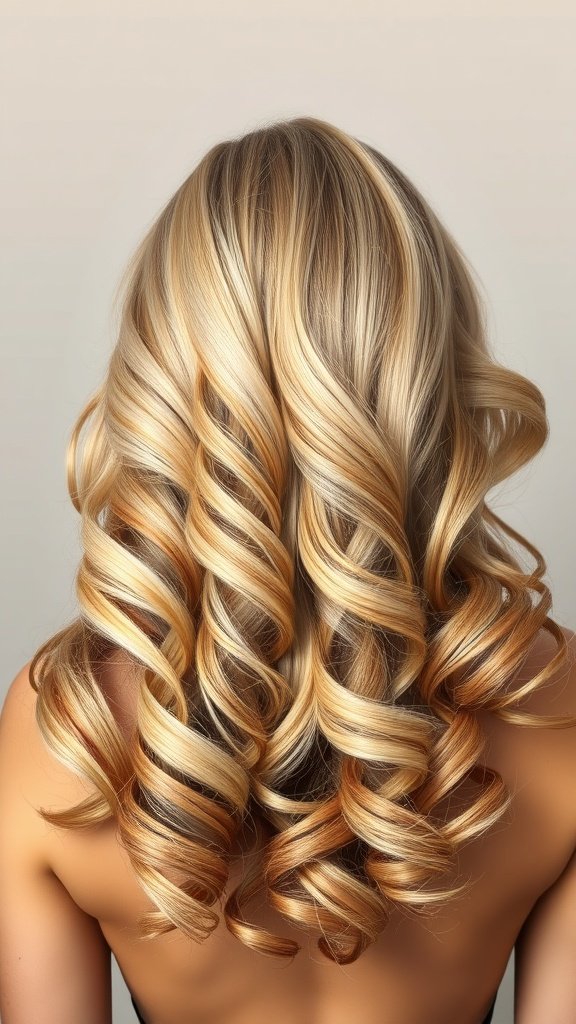 Voluminous blonde curls with bronze lowlights, showcasing a vibrant and dynamic hairstyle.