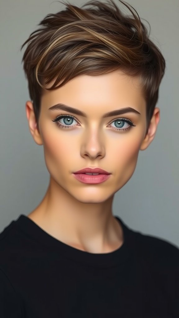 A model showcasing a volumized crown pixie hairstyle with smooth sides.