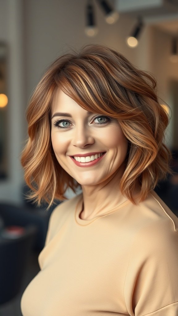 A woman with a wavy asymmetrical bob hairstyle, smiling confidently.