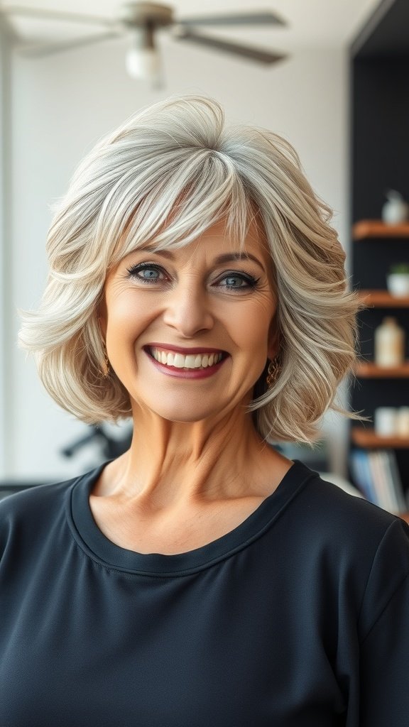 A woman with a wavy shag hairstyle and curtain bangs, smiling confidently.